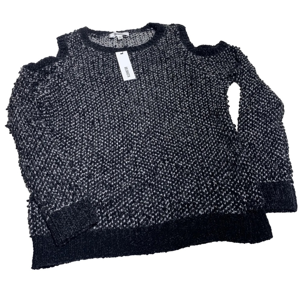 BB DAKOTA Cold Shoulder Black White DEBRA BOUCLE YARN LONG SLEEVE SWEATER Sz L